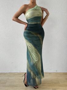 Rafferiza Graduated Color High Slit Asymmetric Collar Ruched Tulle Dress Maxi Women Outfit - Green - View 3