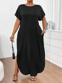 SHEIN EMERY ROSE CURVE Plus Size Women's Solid Color Round Neck Dress With Pockets Maxi Women Outfit - Black - View 4