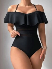 SHEIN Swim Summer Beach Women's One-Piece Swimsuit With Ruffled Hem - Black - View 4