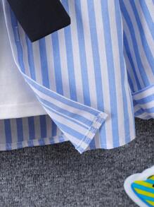 SHEIN 男孩彩色條紋拼接斗篷式襯衫 - 藍白色 - 查看 6