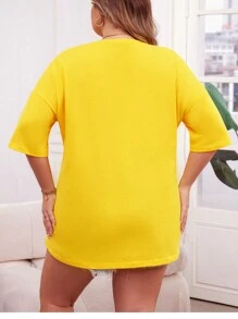 INAWLY 大码豹纹印花心形和字母印花落肩夏季 T 恤，图案猎豹印花 T 恤，女式上衣 - 黃色 - 查看 2