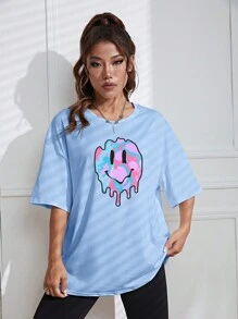 INAWLY Áo thun trễ vai dáng rộng có họa tiết hoạt hình - Màu xanh lam - Xem 4