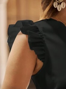 SHEIN VCAY 女士帽袖上衣,採用曲線v領設計 - 黑色 - 查看 5