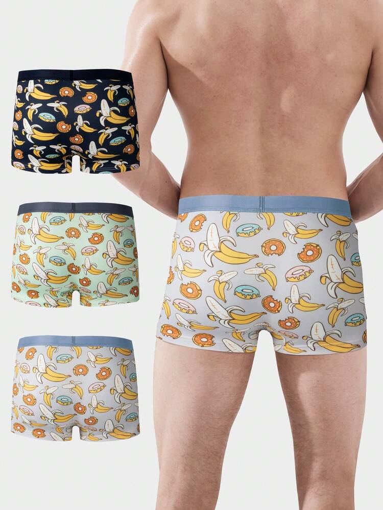 Men's Banana & Doughnut Print Boxer Briefs 3pcs/Set Combination