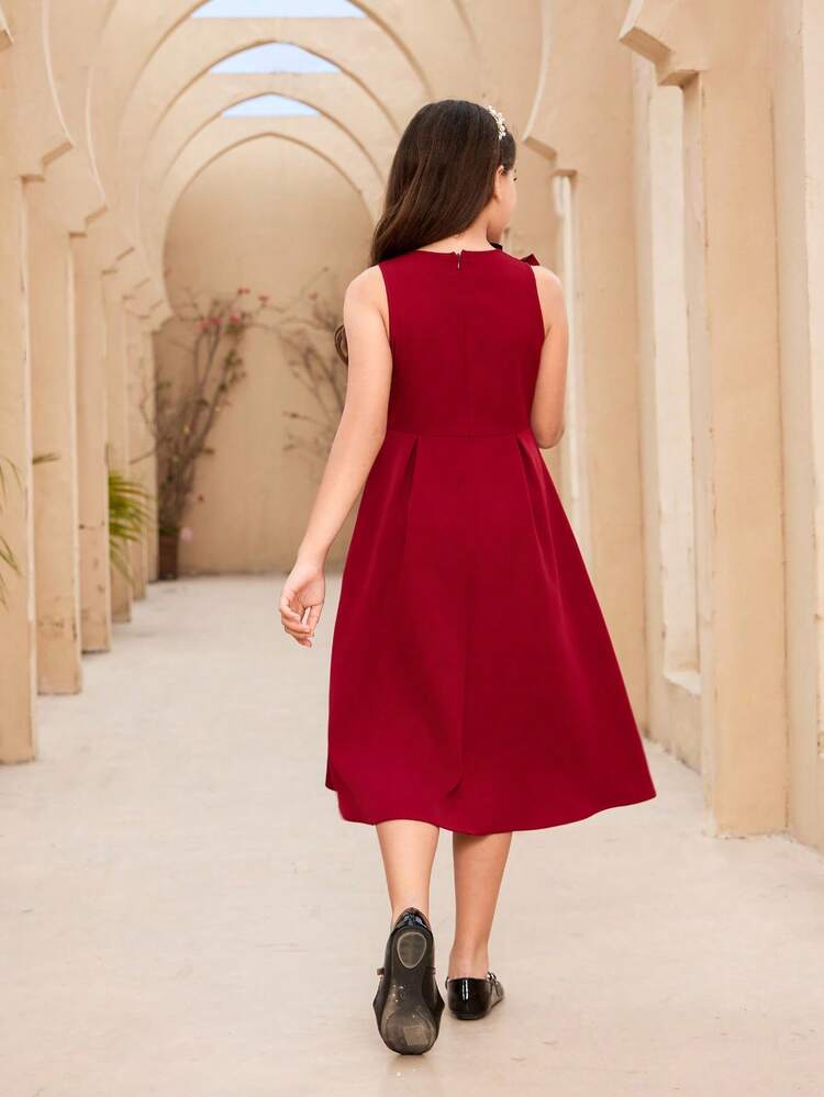 Tween Girl's Holiday Style Round Neck Ruffle Hem Midi Dress