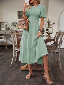 Breezaya Của phụ nữ Màu thuần Ống tay áo Váy quấn - Màu xanh Bạc hà - Xem 6