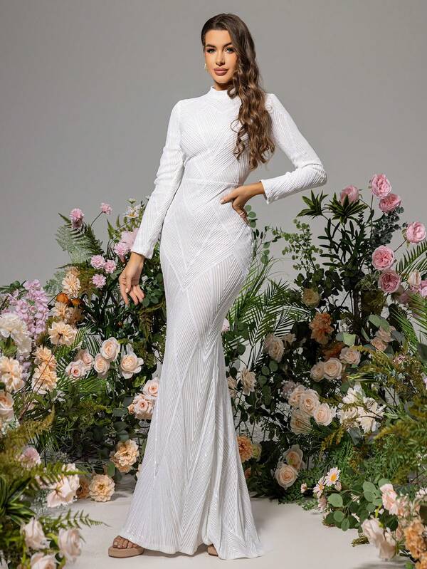 LOVE&LEMONADE Women's Stand Collar Long Sleeve Fish Scale Pattern Wedding Dress