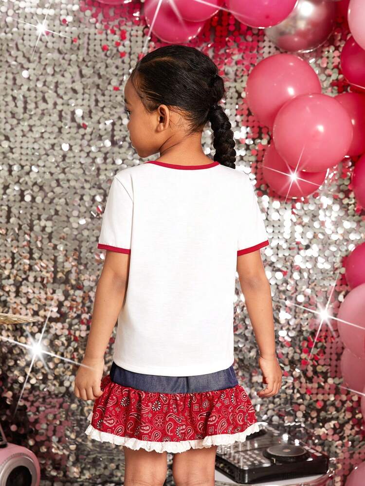Young Girl Red & White Paisley Short Sleeve T-Shirt And Skirt Casual 2pcs/Set