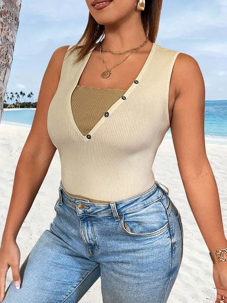 Plus Size Sleeveless Knit 2 In 1 Top