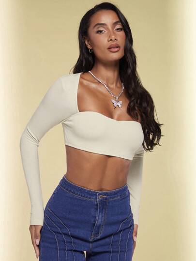 SHEIN BAE Sexy Crop Top With Long Sleeve And Square Neckline, Suitable For Dating, Party, Night Club, Holiday, Music Festival