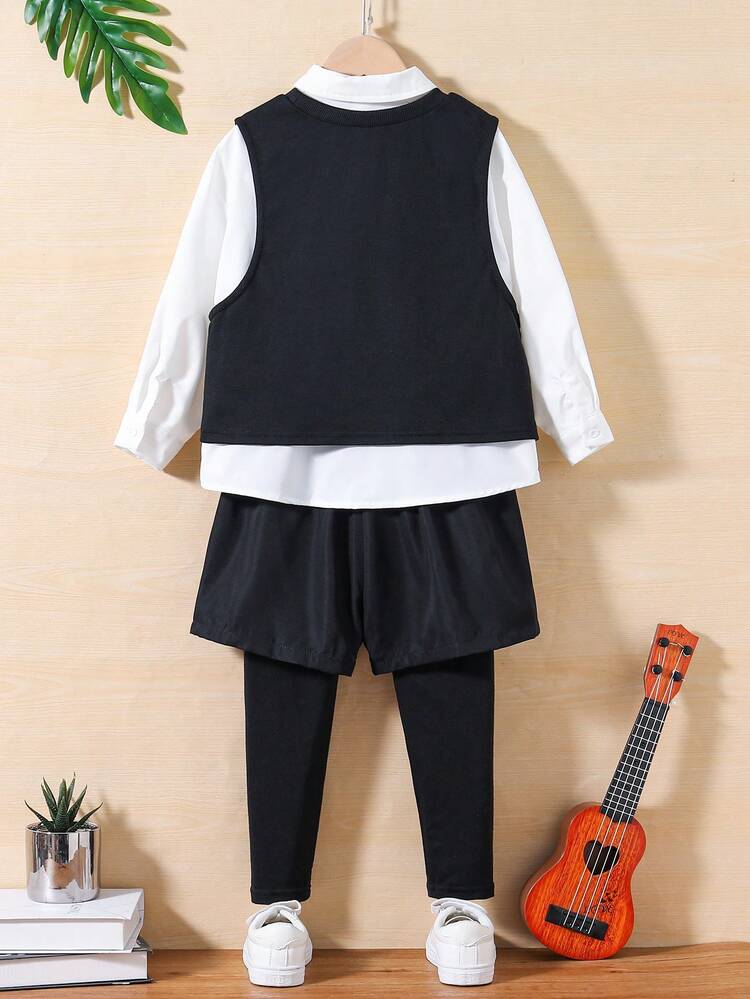3pcs Young Boy Casual Comfortable Sleeveless Vest + Solid Color Long Sleeve Shirt + 2 In 1 Pants, Fleece, Thickened