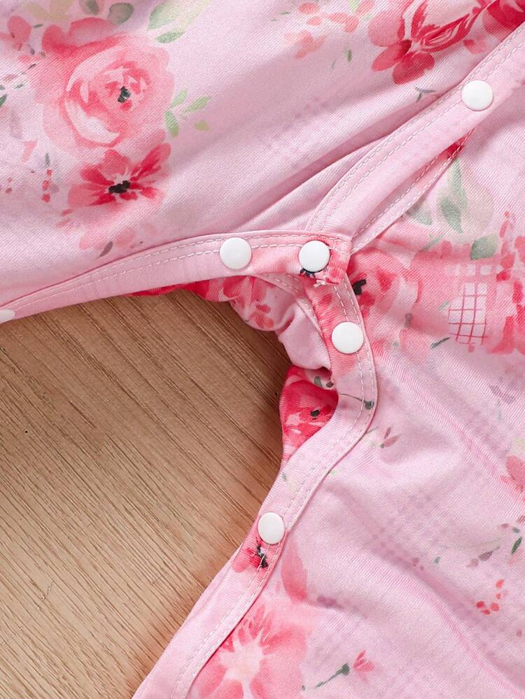 Baby Girl 2pcs Simple & Floral Printed Long Sleeve Jumpsuit With 2 Hats Combination Home Wear