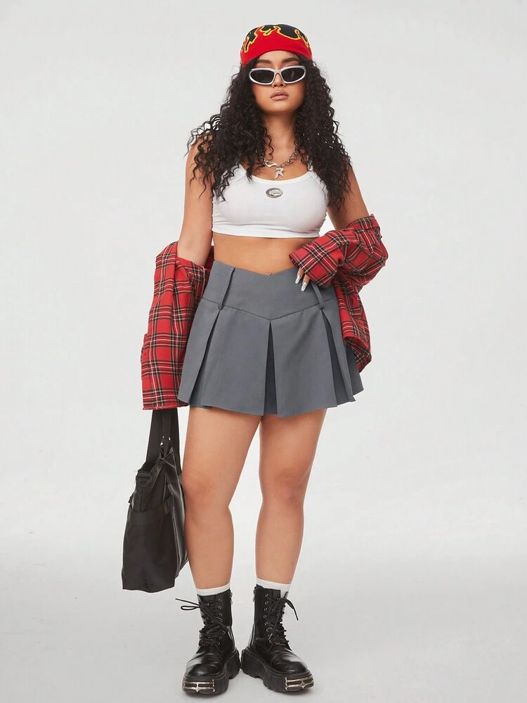 Plus Size Solid Color V-Waist Pleated Skirt