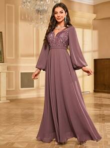 Women's Glitter Patchwork Lantern Sleeve Elegant Party Dress Wedding Guest Dress Formal Dress Evening Dress,Gown - 藕粉色 - 查看 4