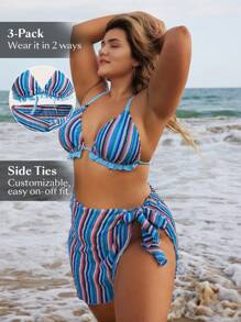 SHEIN Swim Curve Plus Size Color Blocked Striped Swimwear Set, String Bikini Bikini Set Bathing Suit Beach Outfit GRANDPACORE Summer Vacation Bestie Matching Set