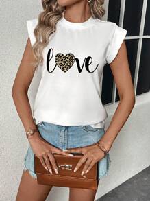 SHEIN LUNE 情人節心形豹紋愛情圖案蝙蝠袖圓領t恤 - 白色 - 查看 4