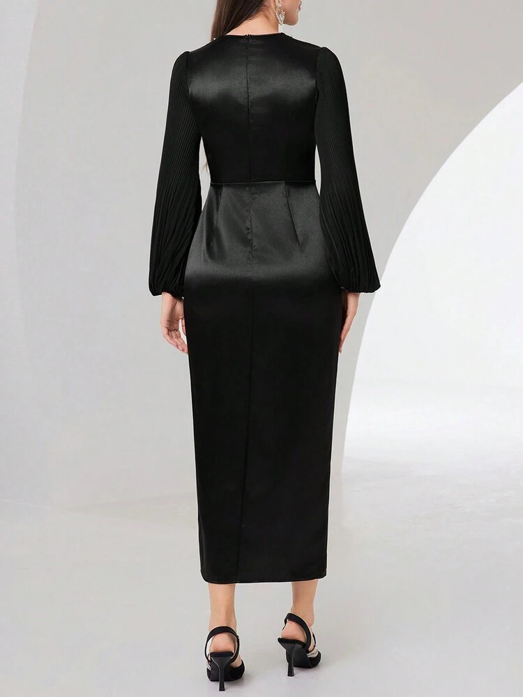 Women's Split Hem Lantern Sleeve Dress With Rhinestone Embellishment Long Evening Dresses