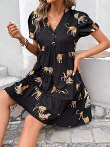 SHEIN Clasi Women's Leopard Print Puff Sleeve Dress - Black - View 5