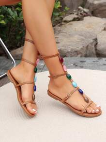 Women's New Summer Elegant And Comfortable Buckle Strap Multicolor Pearl Beach Vacation Style Flat Sandals
