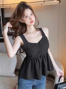 DAZY 女士褶饰荷叶边下摆吊带背心，娃娃装上衣 - 黑色 - 查看 2