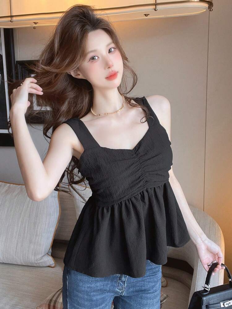 Women's Pleated Detail Ruffle Hem Cami Top With Spaghetti Straps Babydoll Top