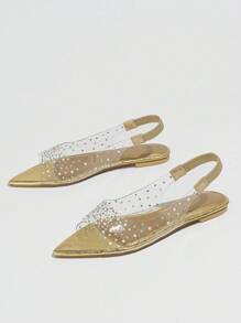 Damen transparente Knöchelriemen Flache Sandalen mit Strass Dekoration, perfekt für Frühling/Sommer Reisen, Strandschuhe - Gold - Übersicht 7