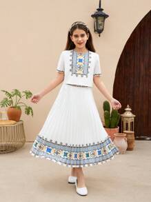 SHEIN Conjunto De Top Floral Impresso E Saia Plissada Para Meninas Pré-adolescentes, Design Fofo De Gola Redonda Para Modéstia E Férias, Primavera/verão