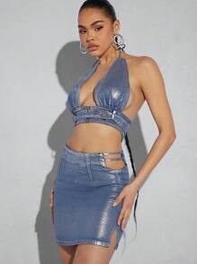Denimoi Bộ áo yếm và chân váy denim ánh kim hai mảnh - Rửa nhẹ - Xem 4