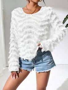 SHEIN Allurite Của phụ nữ Màu thuần Viền tua Vòng cổ Áo sơ mi - trắng - Xem 6