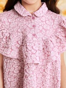 SHEIN Tween Girls' Loose Fit Lovely Jacquard Dress With Ruffled Collar And Hem - Pink - View 5