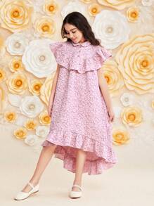 SHEIN Tween Girls' Loose Fit Lovely Jacquard Dress With Ruffled Collar And Hem - Pink - View 6