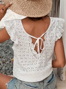 SHEIN Frenchy Women's Elegant White Summer T-Shirt,Boho Lace V-Neck Open Back Tops,Cottagecore Vacation Holiday Casual Shirt,Wedding Season Ladies' Solid Color - White - View 1