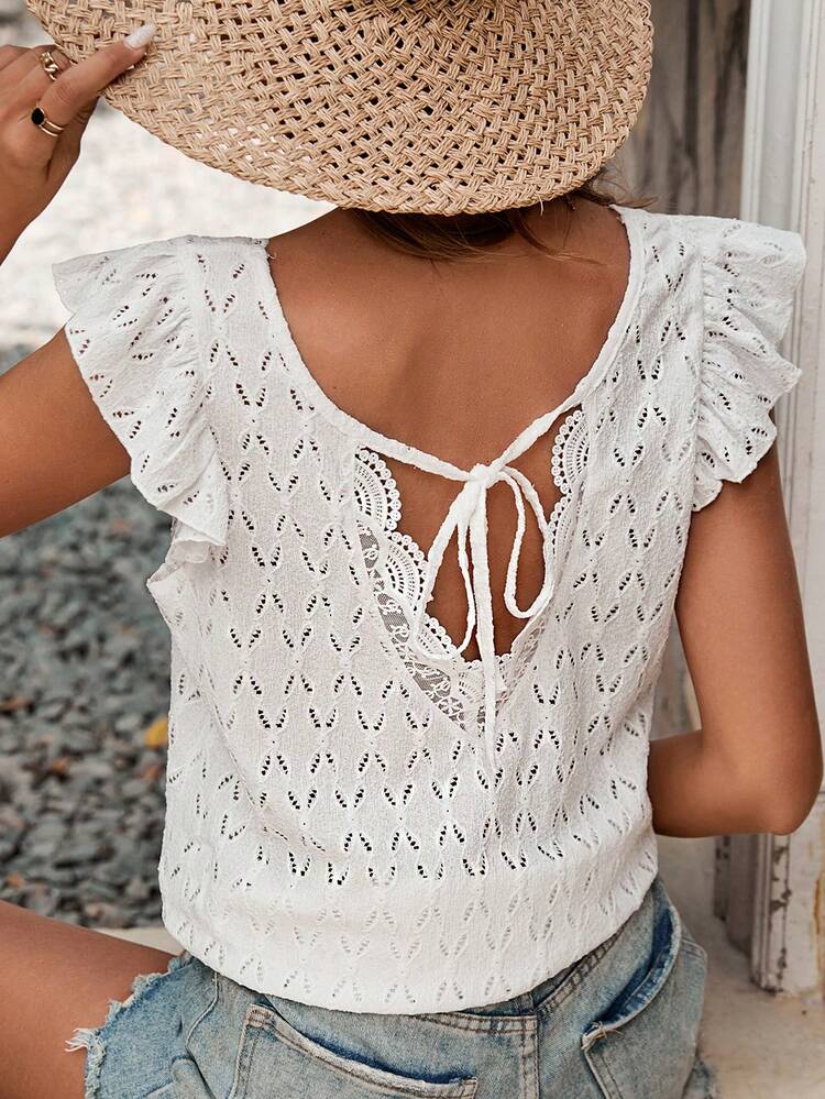 Wedding Season Ladies' Solid Color Lace Open Back V-Neck T-Shirt White Women Summer Tops, White Essential, Summer, Wedding Season Essential, Cottagecore Casual