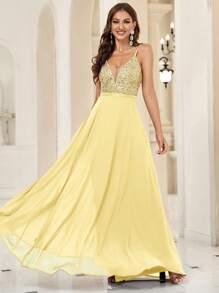 SHEIN Belle Khối màu Dây đai mỏng Đầm - Màu vàng - Xem 3
