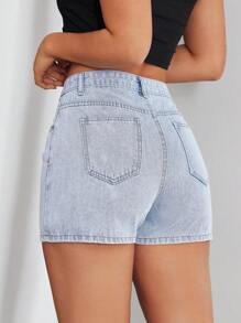 SHEIN EZwear Women's Asymmetrical Hem Denim Skorts - Light Wash - View 2