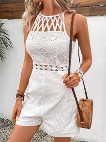 Breezaya Jumpsuit Sin Mangas Con Cintura Bordada Y Ajustada Y Diseño De Hueco En La Cintura - Blanco - Ver 4