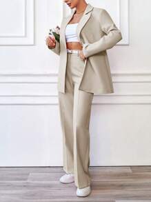 EURMUSE Solid Peak Collar Singe Breasted Placket Suit Sets - Beige - View 3