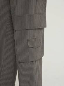Hauture Pinstriped Wide Leg Slant Pocket Casual Cargo Jumpsuit - Dark Grey - View 5