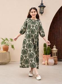 SHEIN 青少女鬆身可愛校園風圓領系帶和蝴蝶結細節中長連衣裙,適合日常穿著 - 綠色 - 查看 7