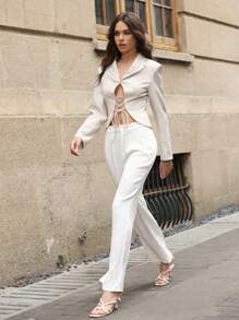 Anewsta Shawl Collar Lace Up Front Blazer - Apricot - View 7