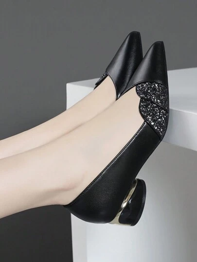 秋冬季女装时尚舒适百搭粗跟撞色高跟鞋，饰有亮片，优雅