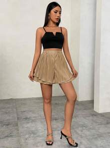 SHEIN Privé 雙層褶布寬腿短褲,女款 - 杏色 - 查看 6