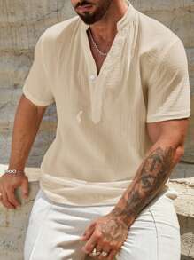 HIMLAND Men's Textured Casual Shirt With Notched Collar, Old Money, Couple Things - Apricot - View 4