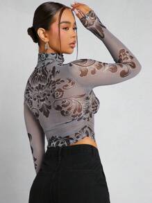 SHEIN Unity Mesh-print Mit Stehkragen Und Durchscheinendem Top