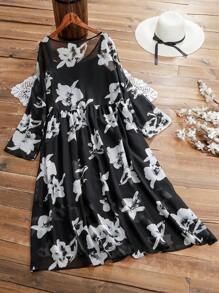 EMERY ROSE Conjunto de dos piezas con estampado floral para tallas grandes - Blanco y Negro - Ver 2