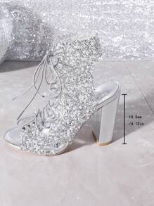 Dép quai ngang mũi nhọn lấp lánh/Xăng đan/Giày cao gót nữ - Bạc - Xem 3