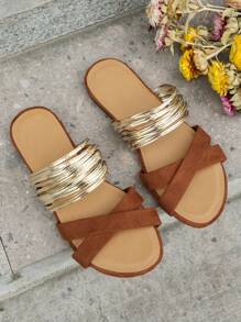 Women's Flat Sandals With Crossing Strap, Slip-On Design, Gold, Plus Size - Brown - View 6