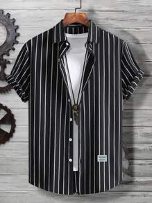 Manfinity Homme Camisa De Manga Corta A Rayas Blancas Y Negras De Talla Grande Para Hombre, Informal Con Botones Para Salir - Blanco y Negro - Ver 1