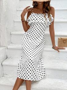 Breezaya Women's Polka Dot Patchwork Ruffle Hem Spaghetti Strap Dress - White - View 3