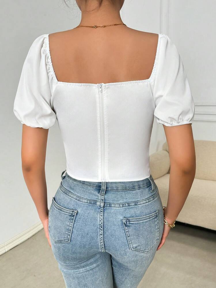 Ladies' Solid Color Sweetheart Collar Tie-Up Puff Sleeve Shirt
